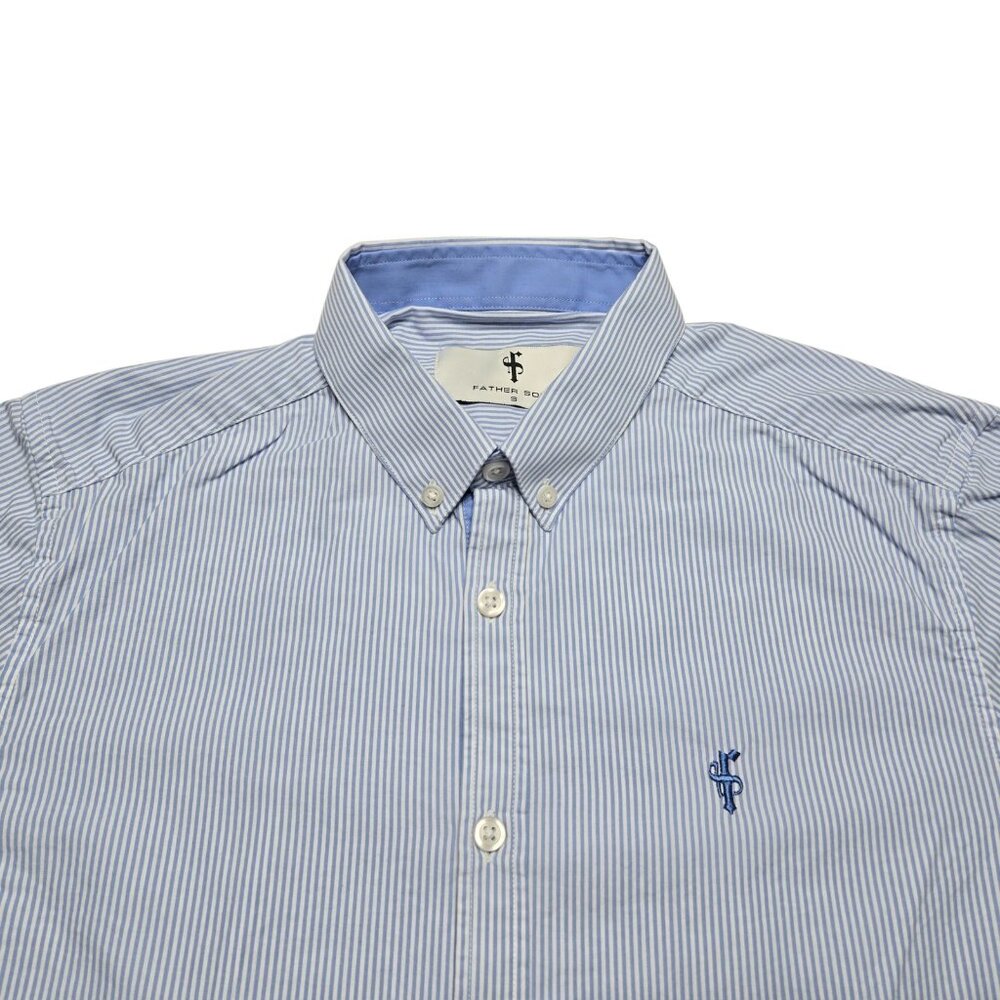 Father Sons Shirt Mens Small Blue White Striped Short Sleeve Button Up Logo - Picture 6 of 12